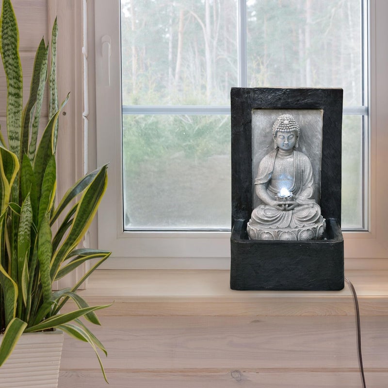 Hanover 24-in. Sitting Lotus Buddha Wall Statue Water Fountain with LED Lights for Indoor Home Use or Outdoor Garden, Yard, Patio, Deck, and Porch - Image 2